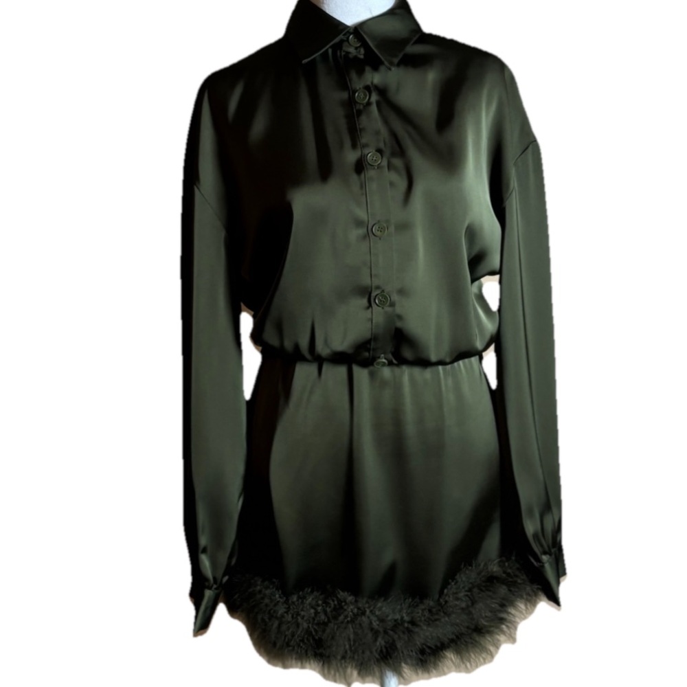 Cider Green Satin Dress with Fur Trim - Picture 2 of 8
